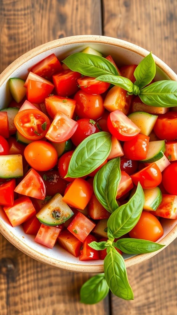 Fresh Tomato Salad Recipe A colorful bowl of tomato salad with diced tomatoes, cucumbers, and basil on a wooden table.